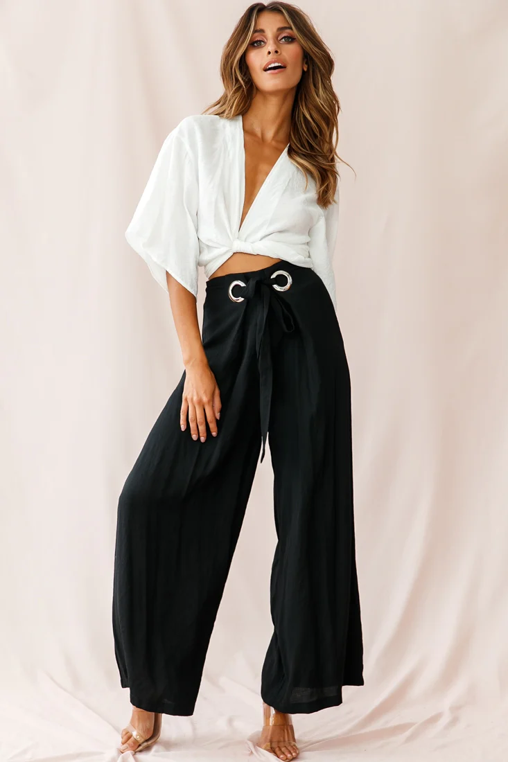 Saigon Wide Leg Eyelet Pants Black - Sonourner