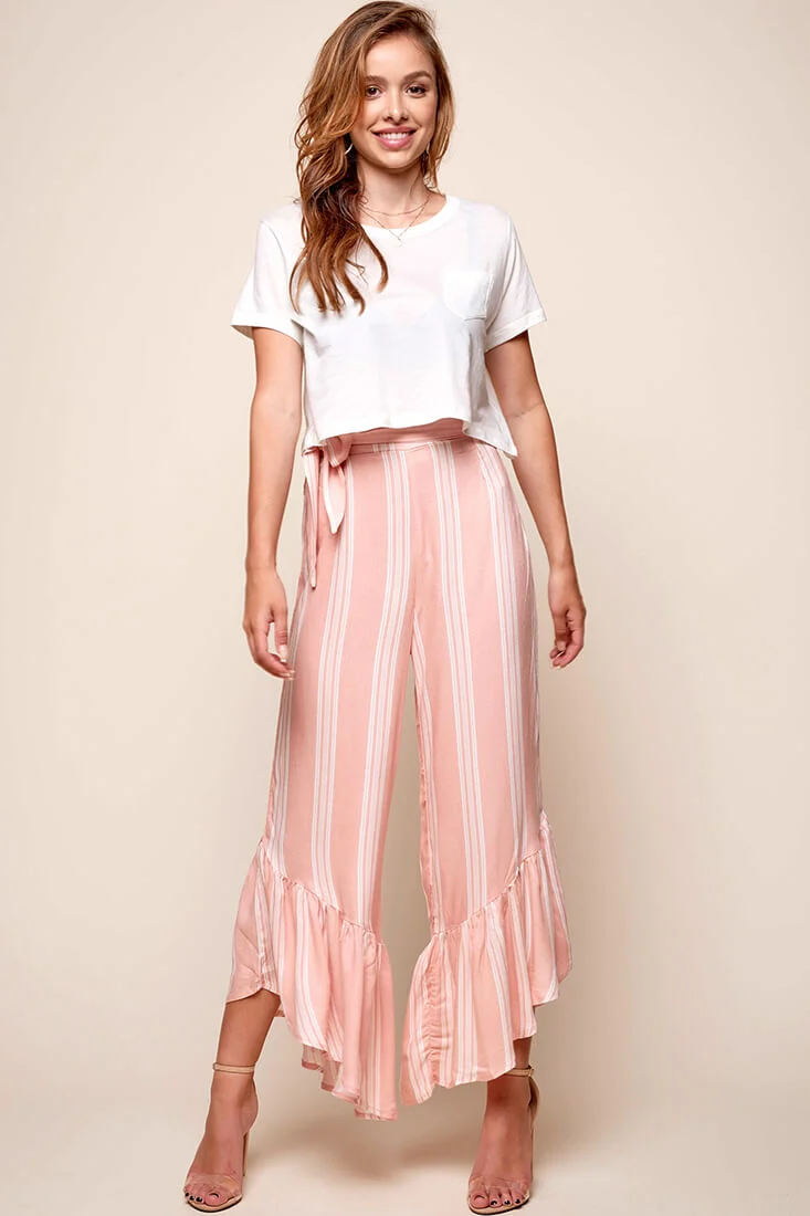 Maybe Crop Ruffle Hem Pants Peach Stripe - Sonourner