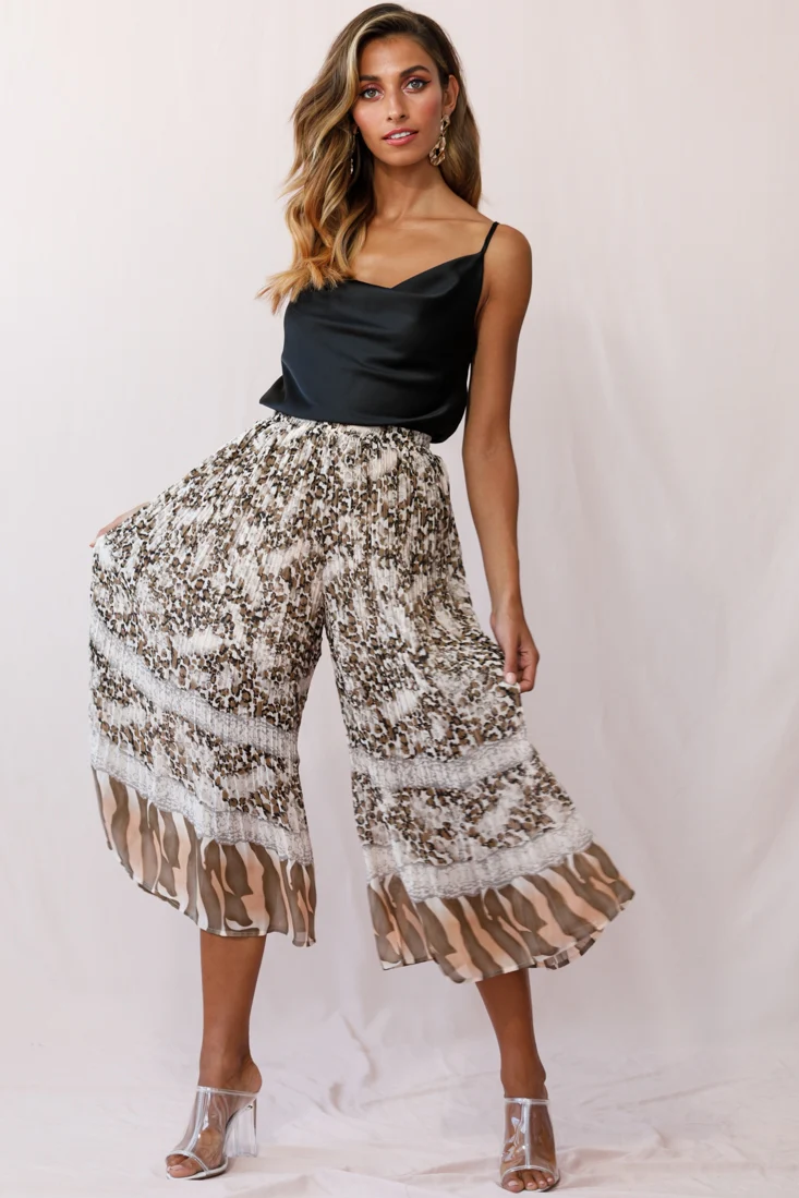 Gemini Accordion Pleat Wide Leg Pants Brown Leopard - Sonourner