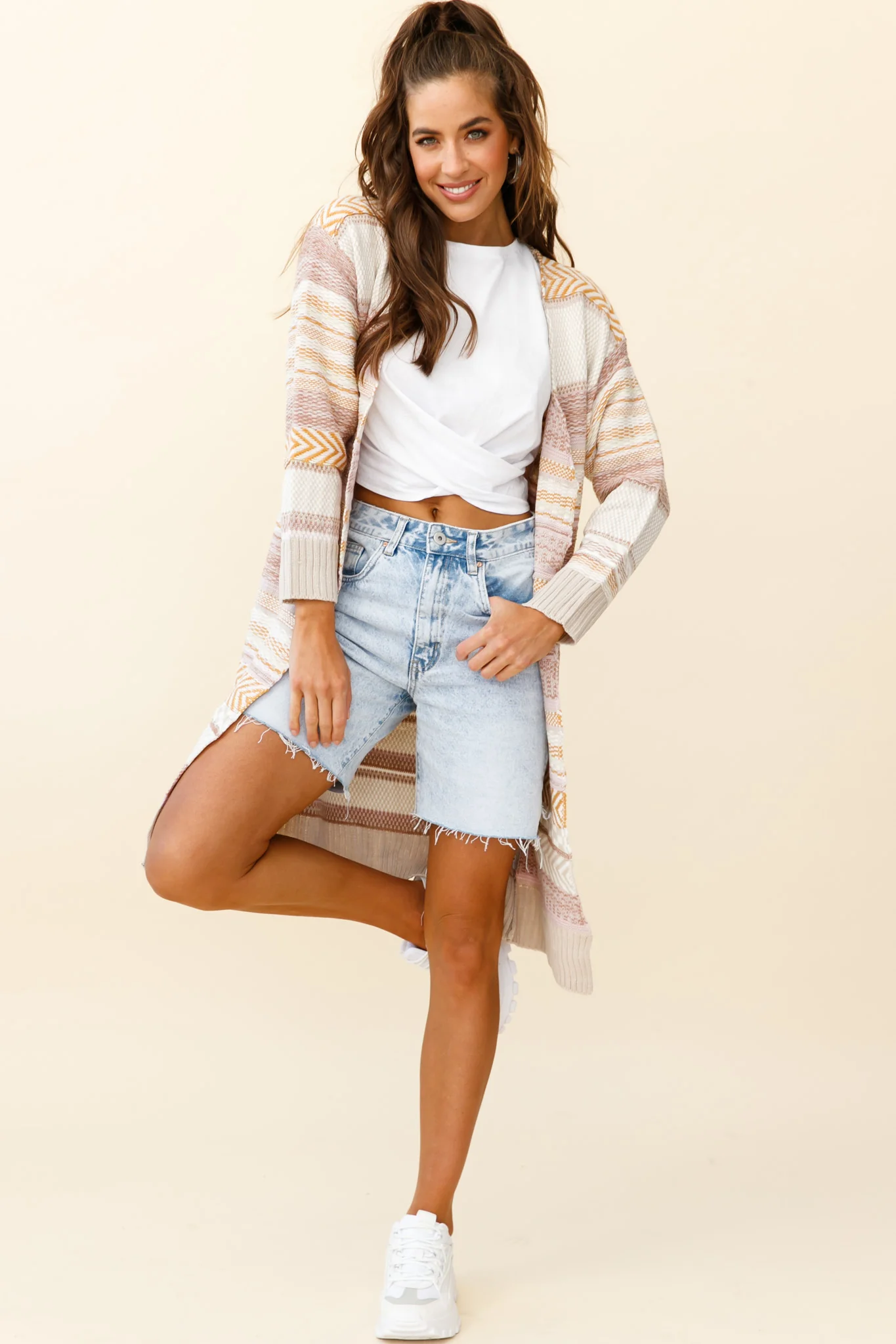 Sabine Long Line Textured Knit Cardigan Beige - Sonourner