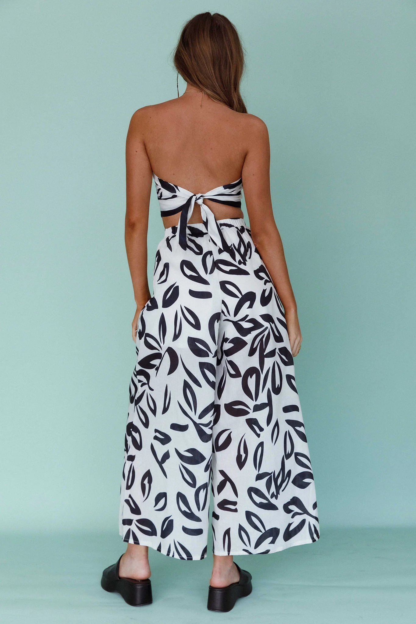 Randi Wide Leg Pants Leaf Print Black - Sonourner