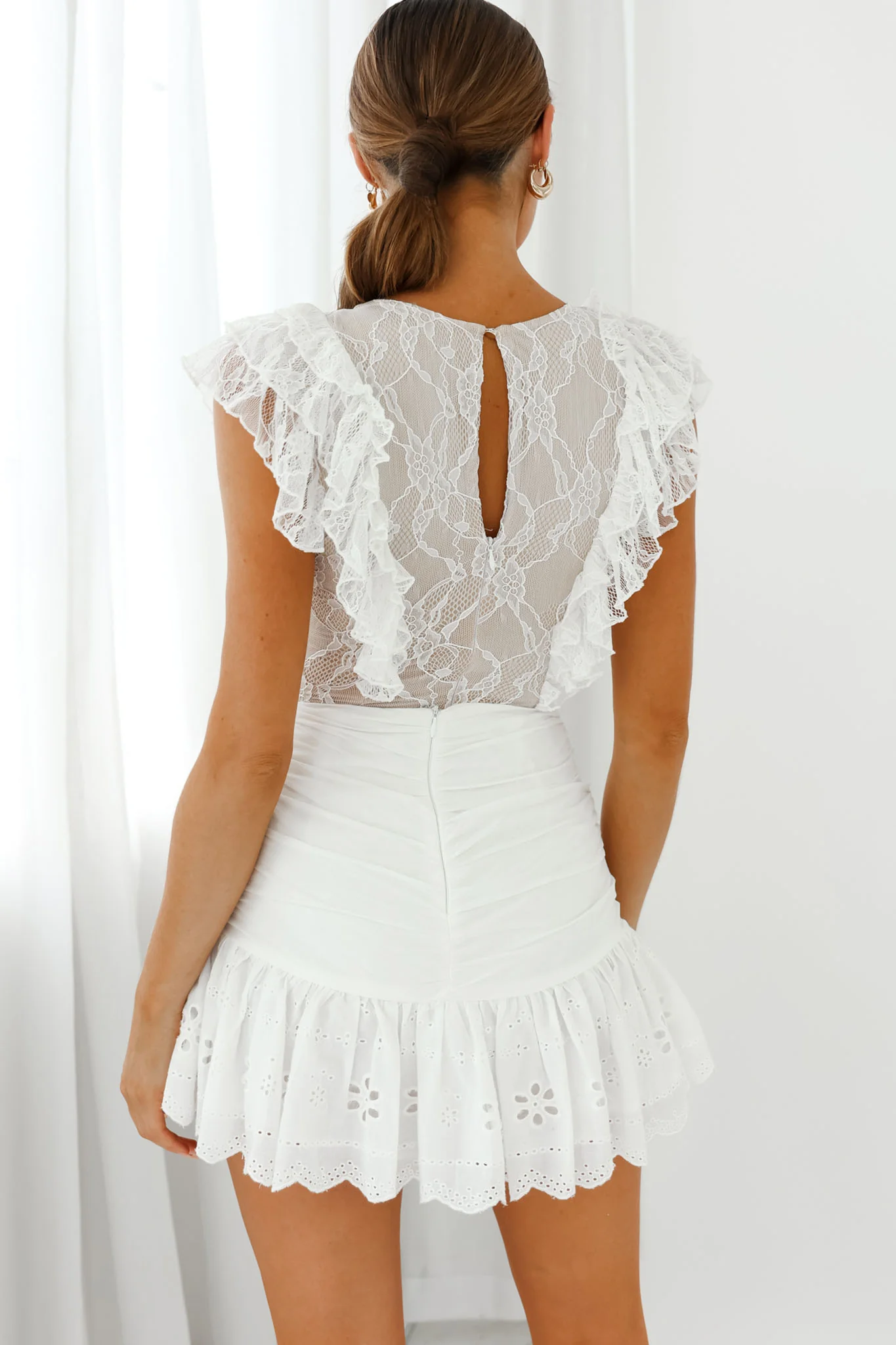Spring Fling Frill Trim Lace Bodysuit White - Sonourner